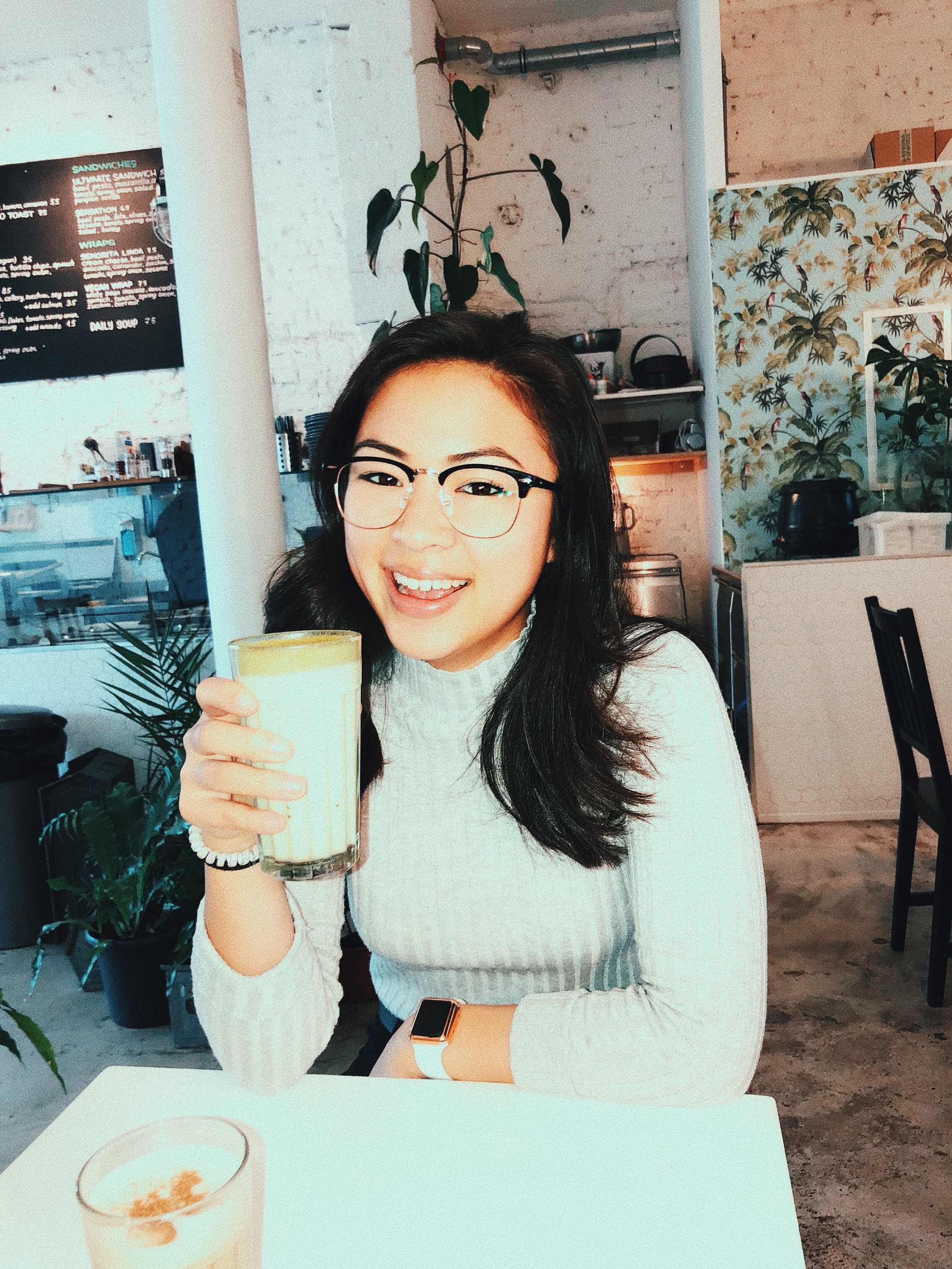 angelique drinking matcha tea in funk you restaurant in berlin germany