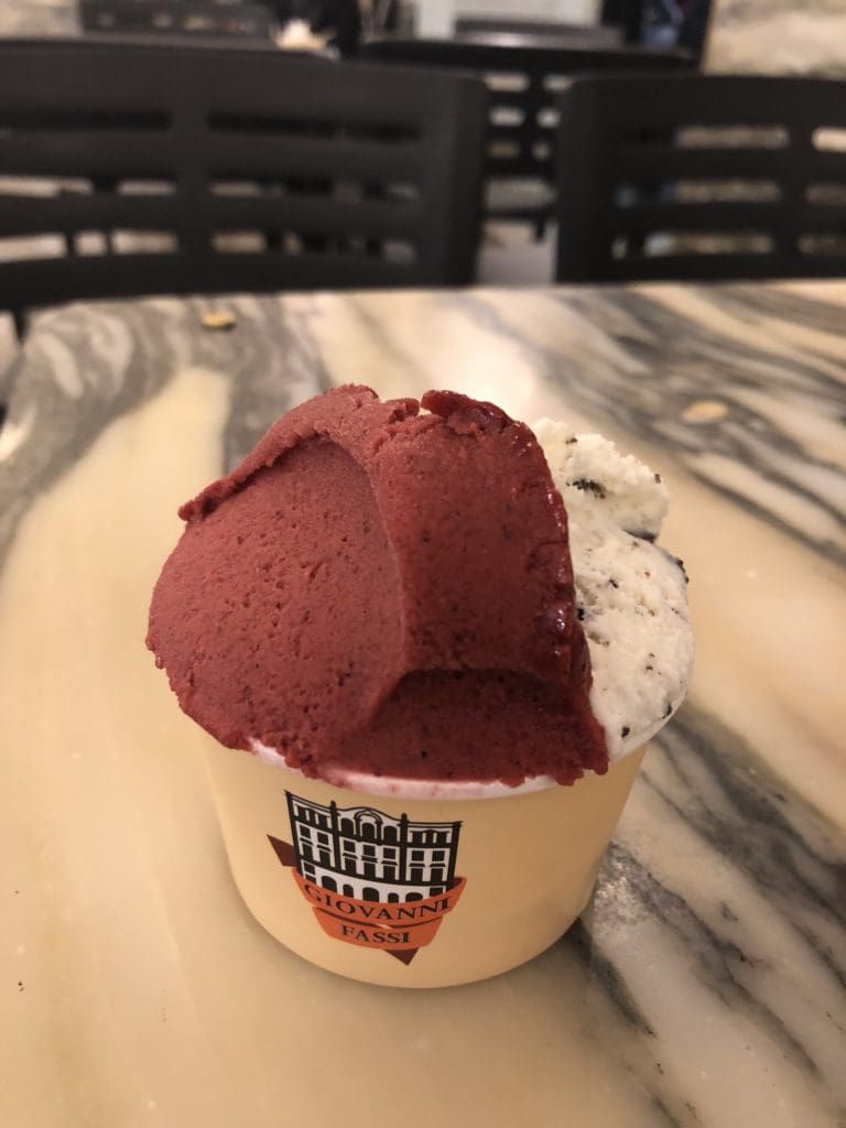 mixed berry and stracciatella gelato at gelateria fassi in rome